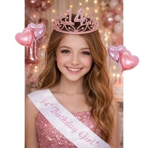 NWT 14th Birthday Party Princess Tiara and Sash in Gold and Pink Rhinestones